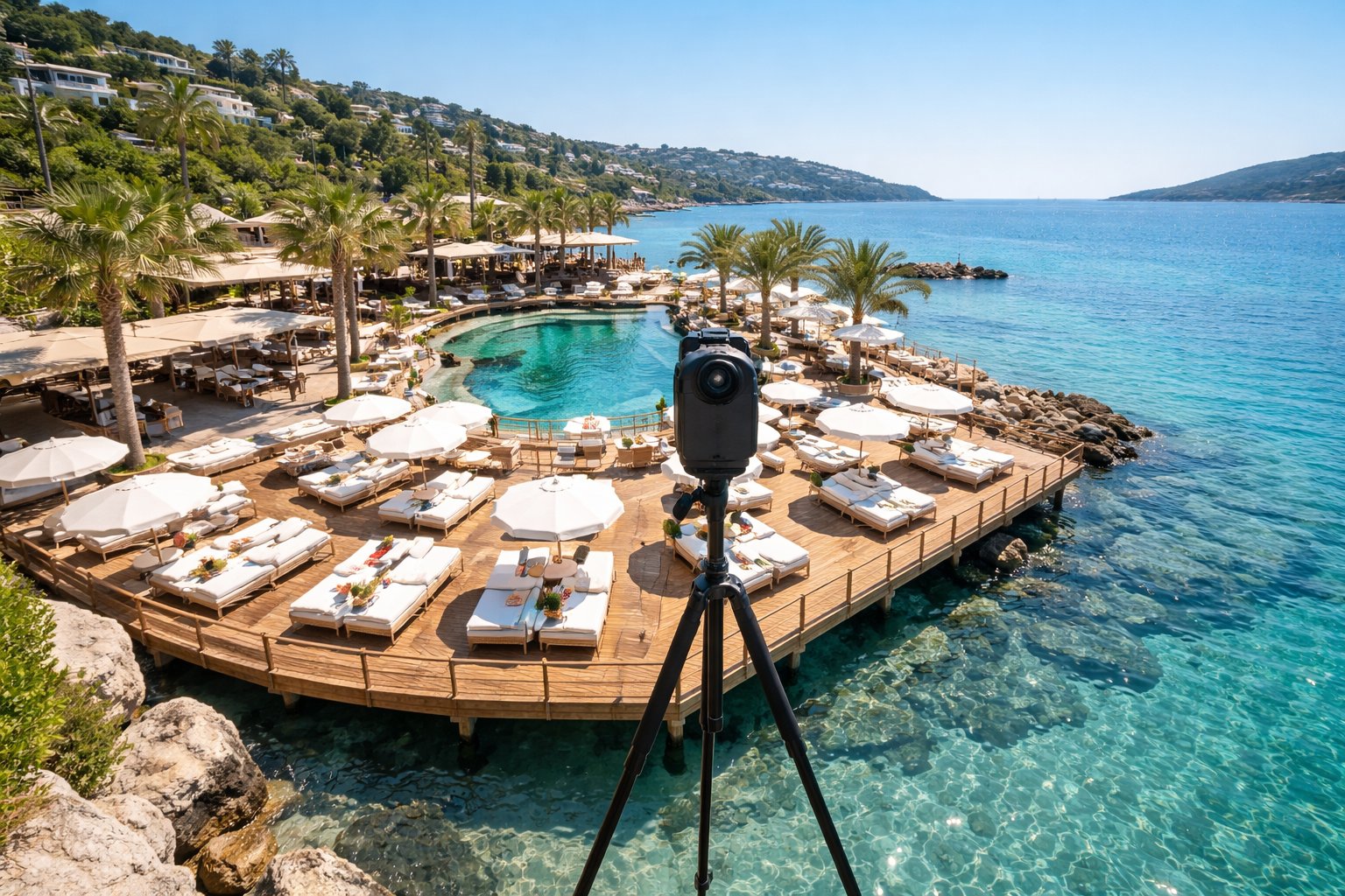 Bodrum'da deniz manzaralı lüks beach club havuz alanı görseli