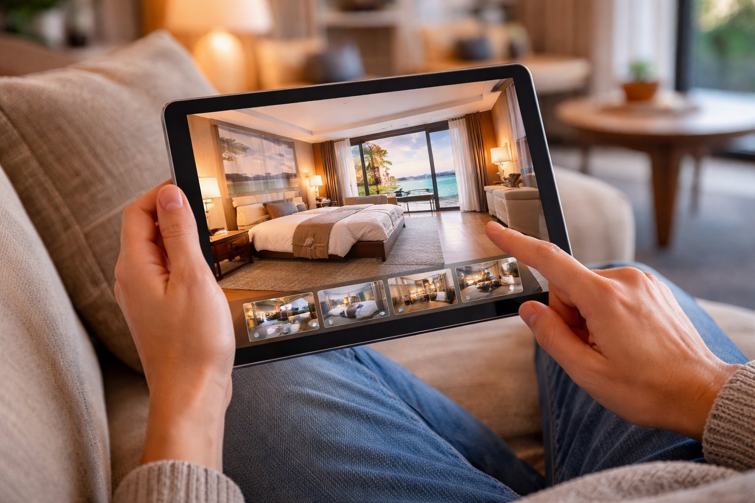 Tablet üzerinden otel sanal tur izleyerek rezervasyon yapan misafir görseli