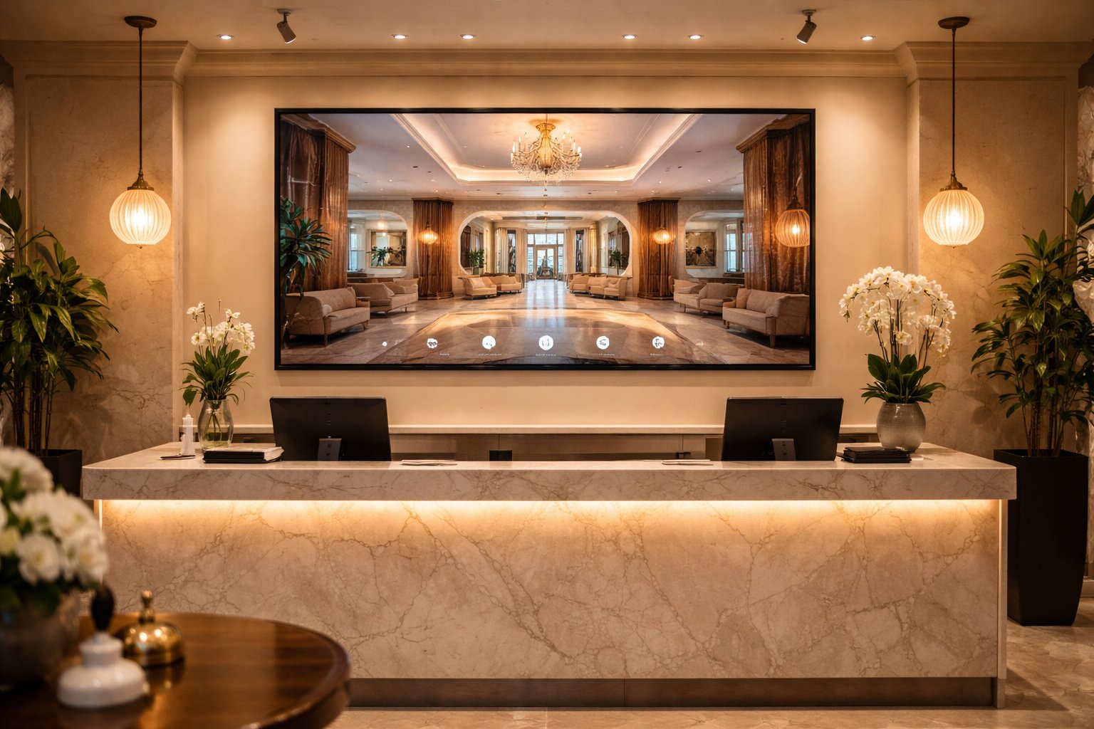 Otel resepsiyonunda sanal tur ekranı görseli