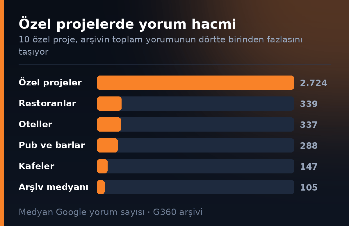 Ozel projelerde medyan Google yorum hacmi karsilastirmasi