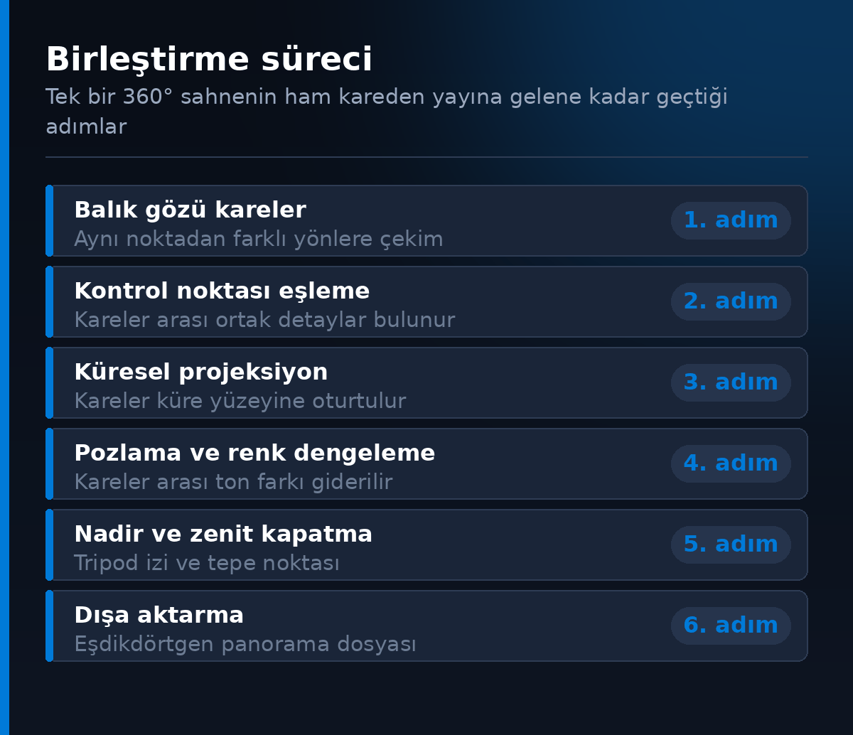 360 panorama birlestirme sureci - alti adimda ham kareden yayina