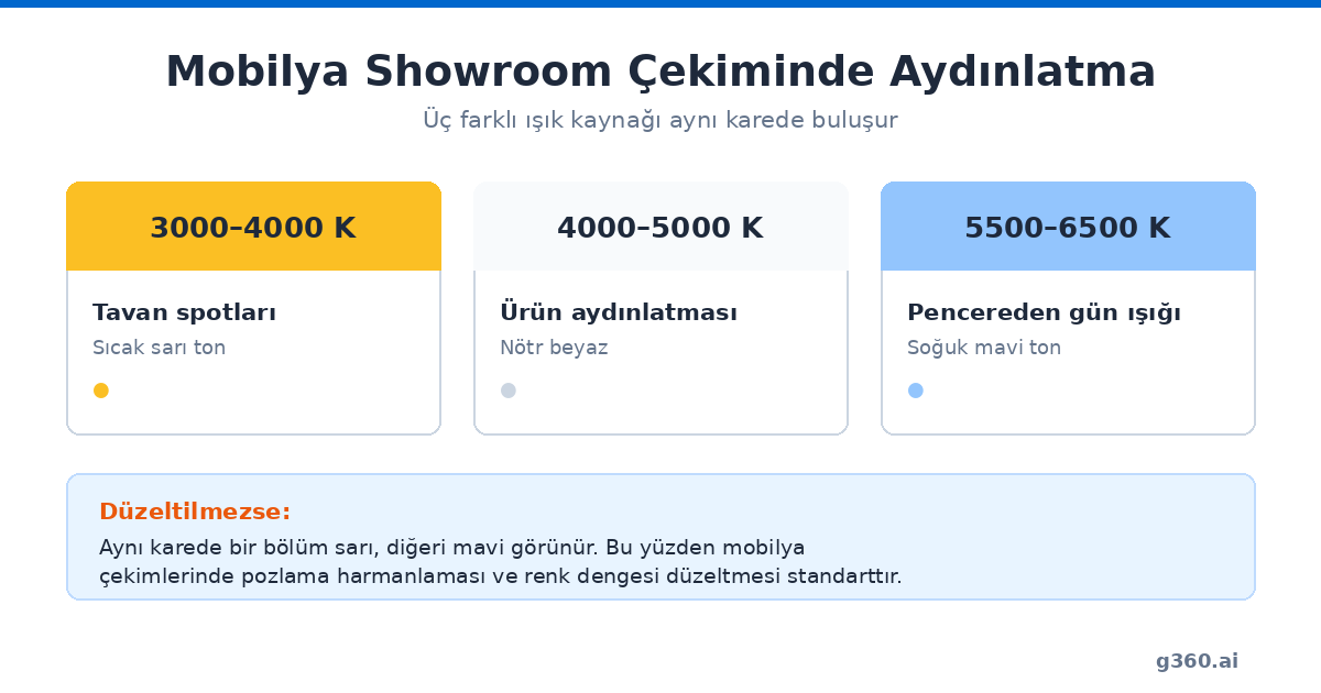 Mobilya showroom cekiminde uc farkli isik kaynaginin renk sicakligi